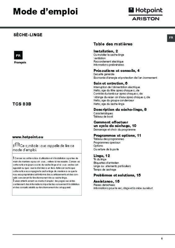 Guide utilisation  HOTPOINT TCS 83B P  de la marque HOTPOINT