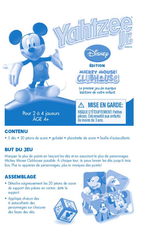 Guide utilisation HASBRO YAHTZEE JR MICKEY MOUSE  de la marque HASBRO