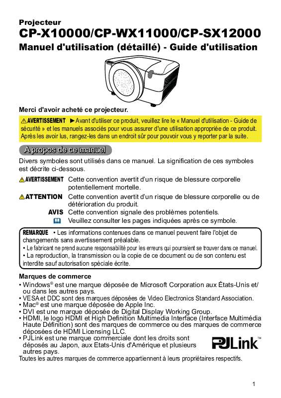 Guide utilisation  HITACHI CP-WX11000W  de la marque HITACHI