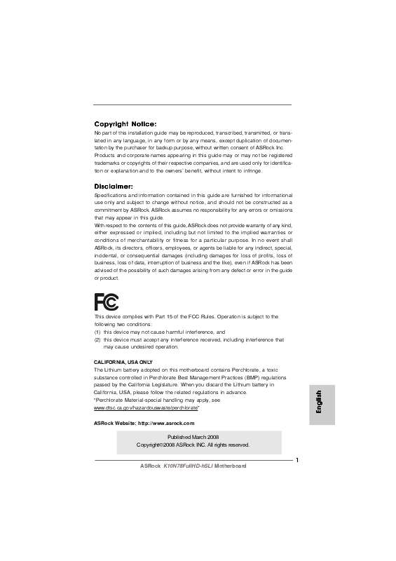 Guide utilisation ASROCK K10N78FULLHD-HSLI  de la marque ASROCK