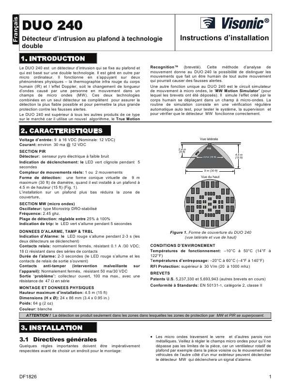 Guide utilisation  VISONIC DUO 240  de la marque VISONIC