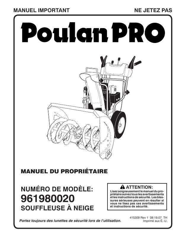 Guide utilisation  POULAN PRO 961980020  de la marque POULAN