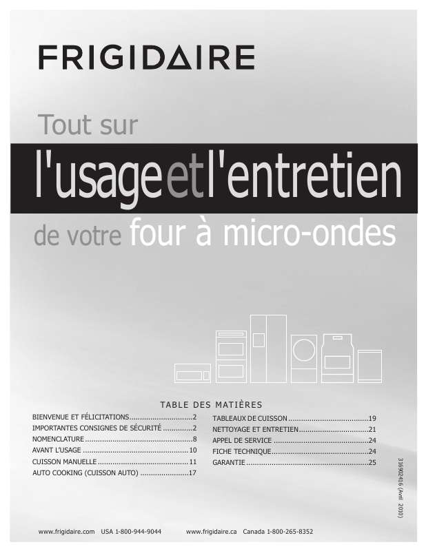 Guide utilisation FRIGIDAIRE FFMV162L de la marque FRIGIDAIRE