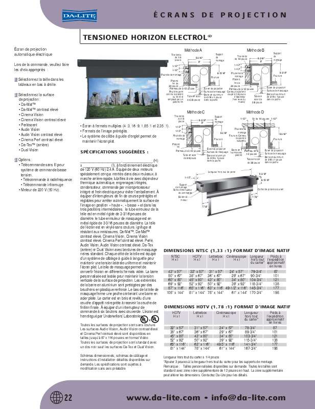 Guide utilisation  DA-LITE TENSIONED HORIZON ELECTROL  de la marque DA-LITE