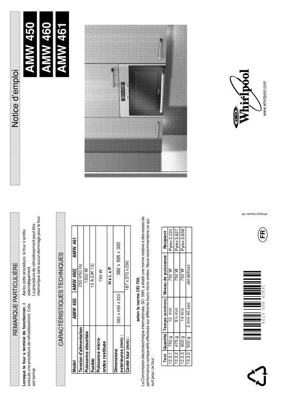 Guide utilisation WHIRLPOOL AMW 450 WH /UK  - MODE D'EMPLOI de la marque WHIRLPOOL