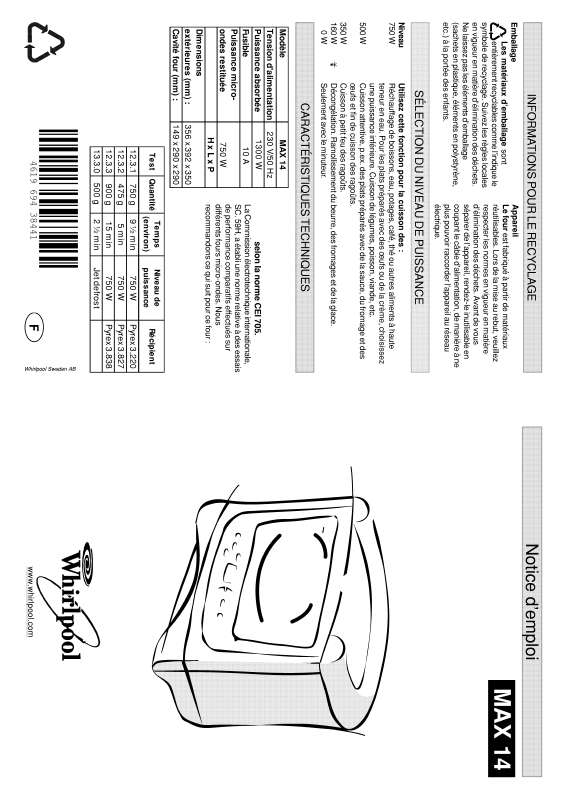 Guide utilisation WHIRLPOOL MAX 14/2/AB  - MODE D'EMPLOI de la marque WHIRLPOOL