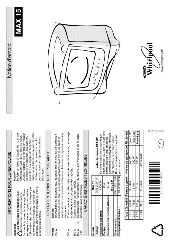 Guide utilisation WHIRLPOOL MAX 15/ AW  - MODE D'EMPLOI de la marque WHIRLPOOL