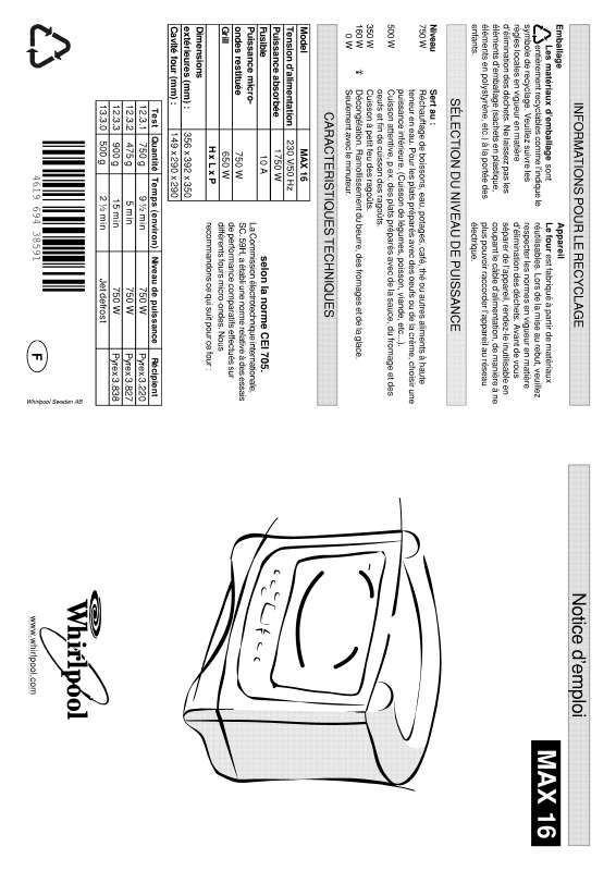Guide utilisation WHIRLPOOL MAX 16/2/BL  - MODE D'EMPLOI de la marque WHIRLPOOL