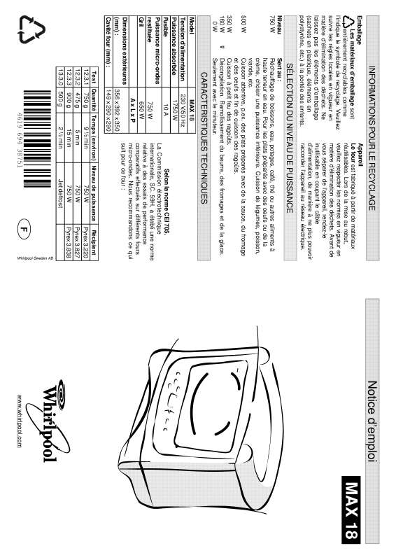Guide utilisation WHIRLPOOL MAX 18/2/BL  - MODE D'EMPLOI de la marque WHIRLPOOL