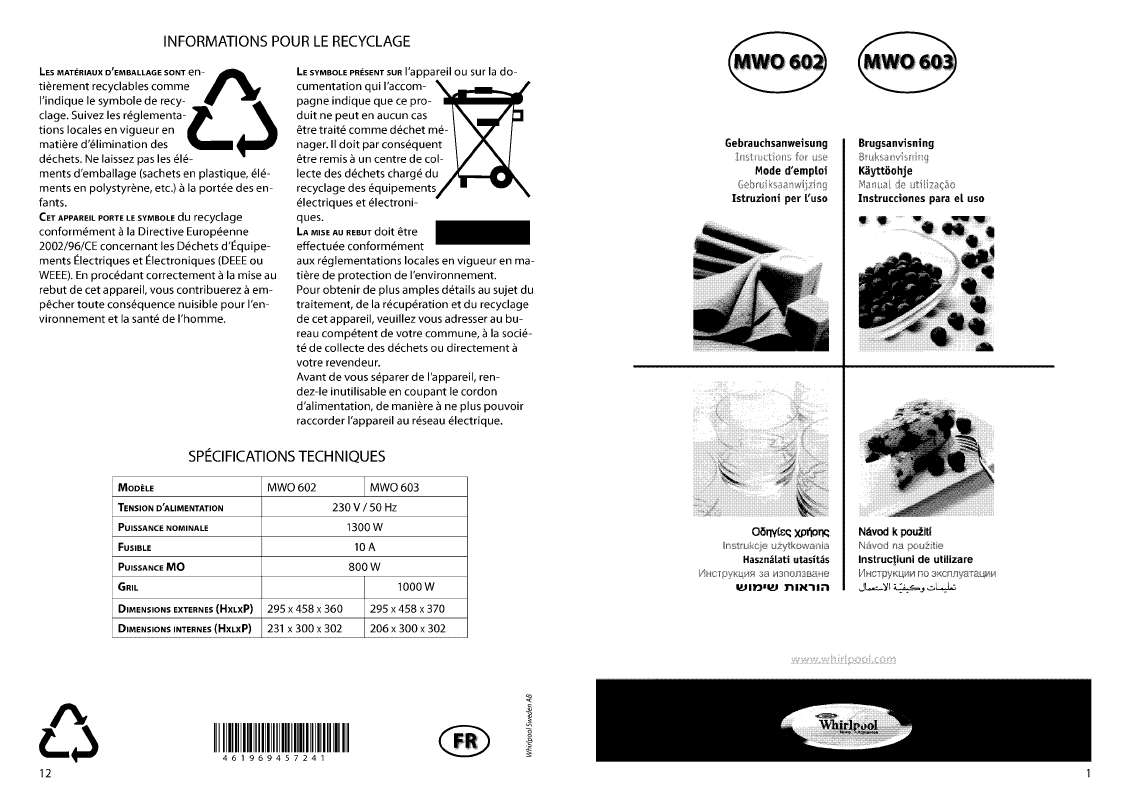 Guide utilisation WHIRLPOOL MWO 602/WH  - MODE D'EMPLOI de la marque WHIRLPOOL