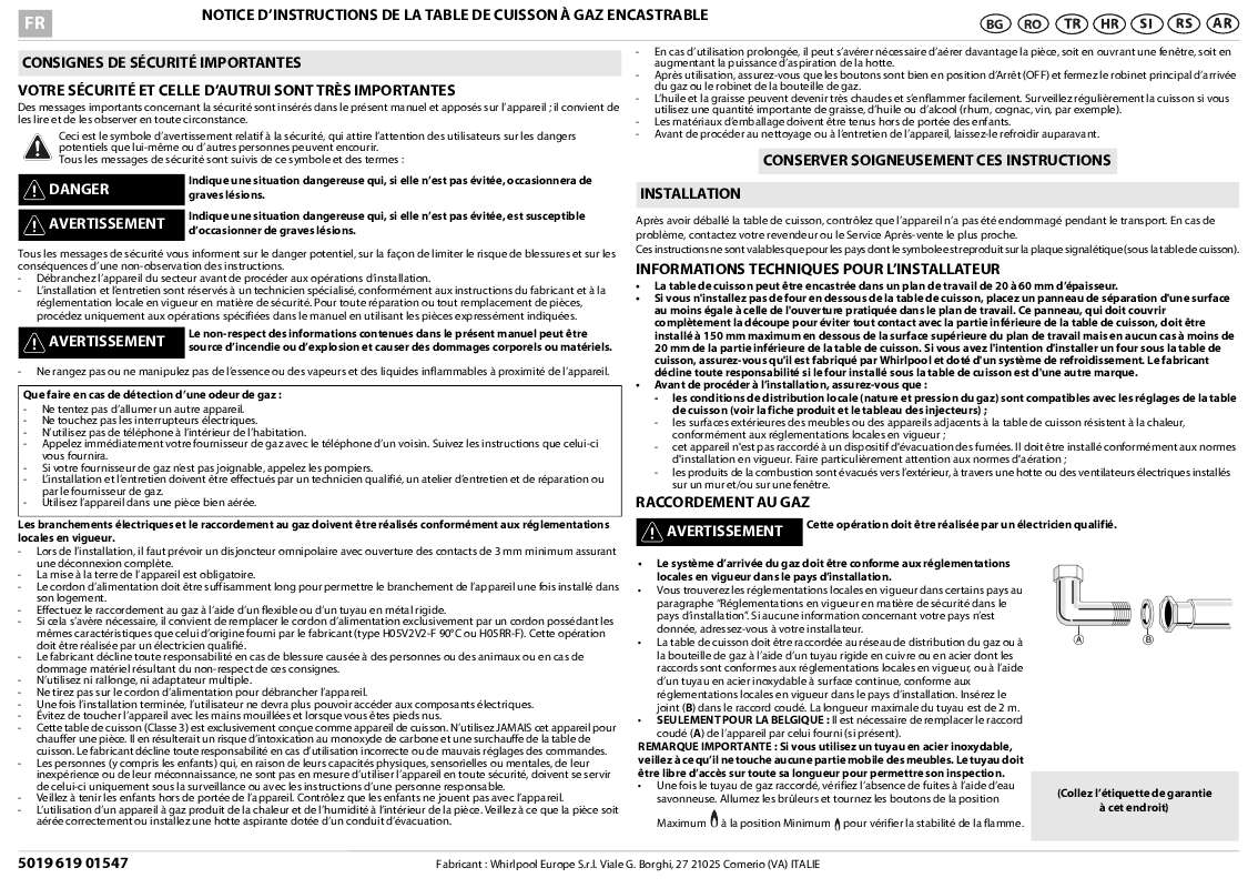 Guide utilisation WHIRLPOOL AKR 310/IX  - TABLEAU DE PROGRAMMES de la marque WHIRLPOOL