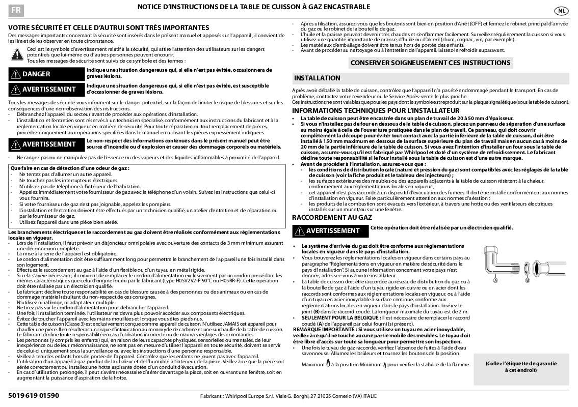 Guide utilisation WHIRLPOOL AKR 3291/IXL  - TABLEAU DE PROGRAMMES de la marque WHIRLPOOL