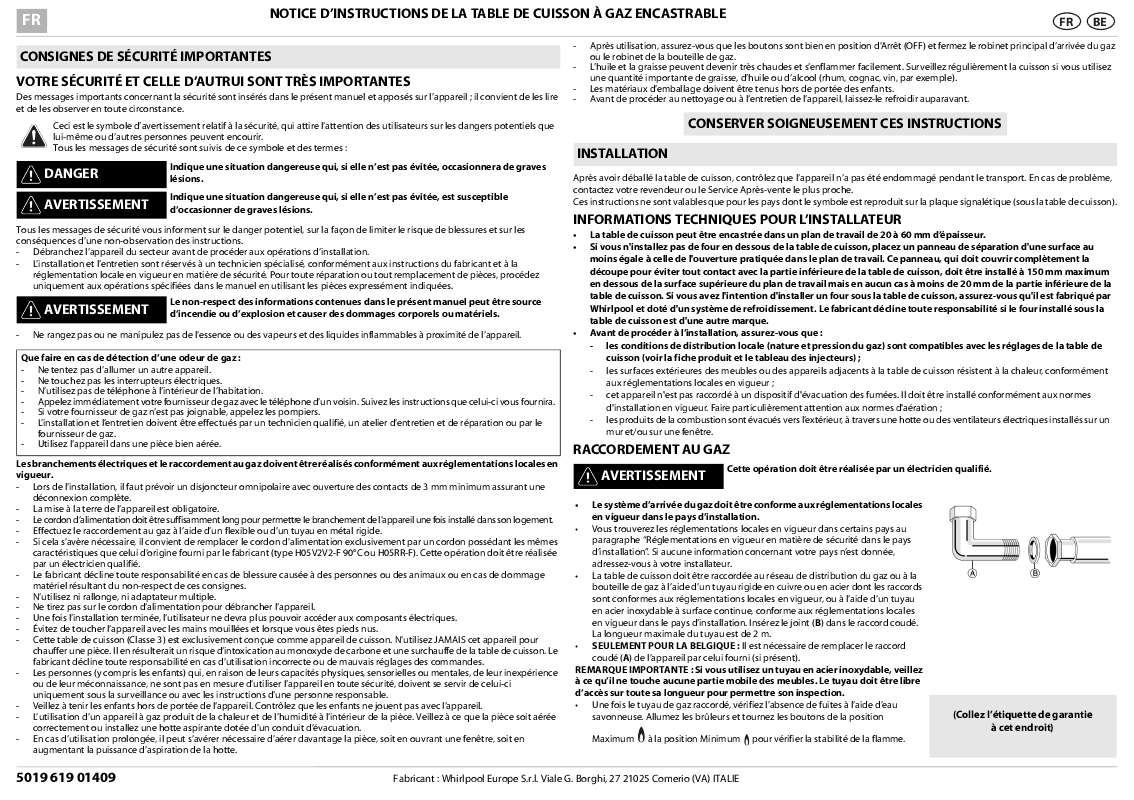 Guide utilisation WHIRLPOOL AKR 331/IXL  - TABLEAU DE PROGRAMMES de la marque WHIRLPOOL