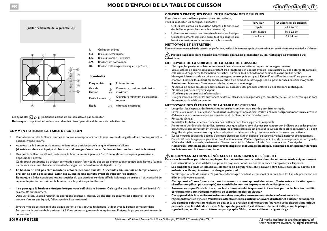 Guide utilisation WHIRLPOOL AKM 208/IX/01  - GUIDE D'INSTALLATION de la marque WHIRLPOOL