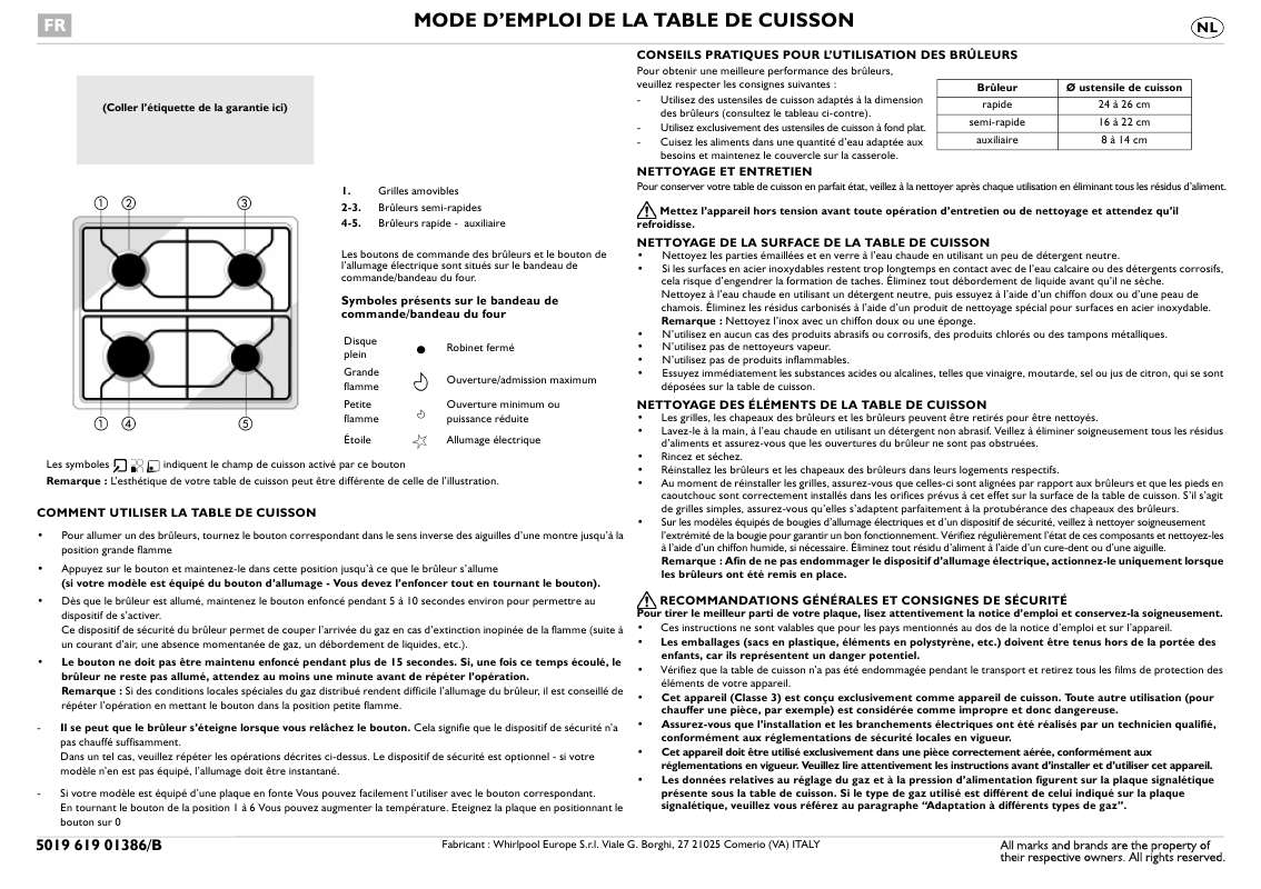 Guide utilisation WHIRLPOOL AKM 231/IX  - MODE D'EMPLOI de la marque WHIRLPOOL