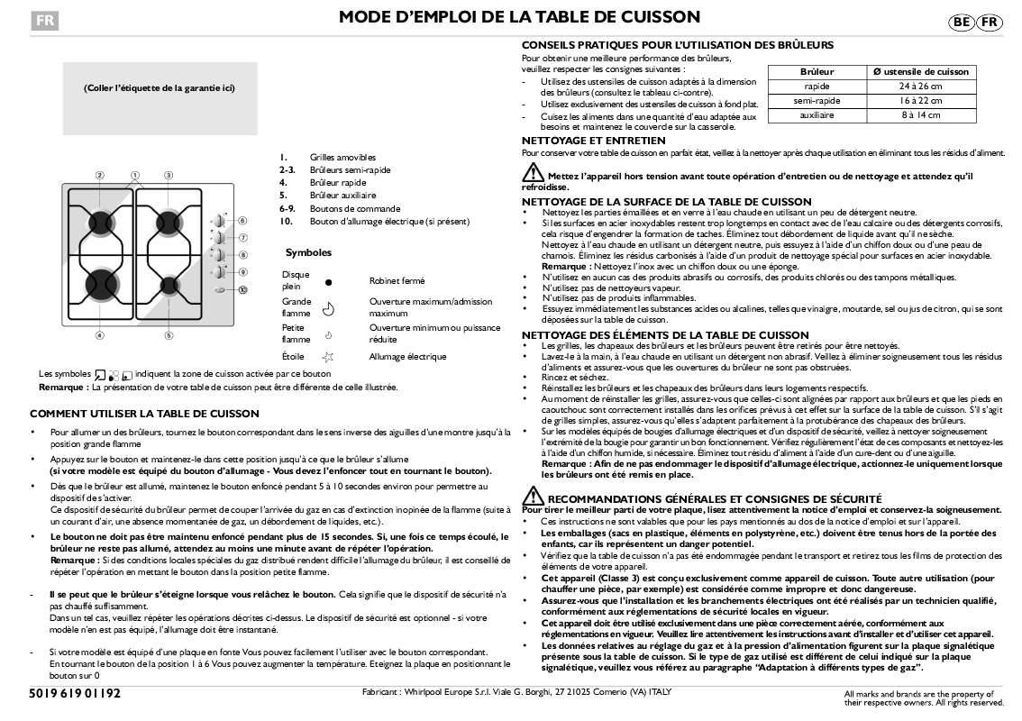 Guide utilisation WHIRLPOOL AKM 232/WH  - MODE D'EMPLOI de la marque WHIRLPOOL