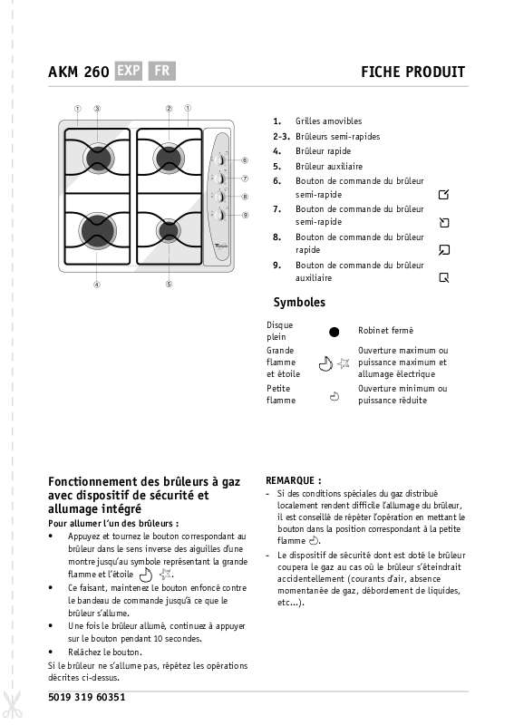 Guide utilisation WHIRLPOOL AKM 260/AR  - TABLEAU DE PROGRAMMES de la marque WHIRLPOOL