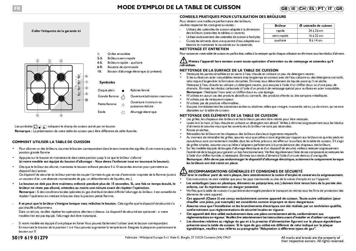 Guide utilisation WHIRLPOOL AKM 260/IX/01  - GUIDE D'INSTALLATION de la marque WHIRLPOOL