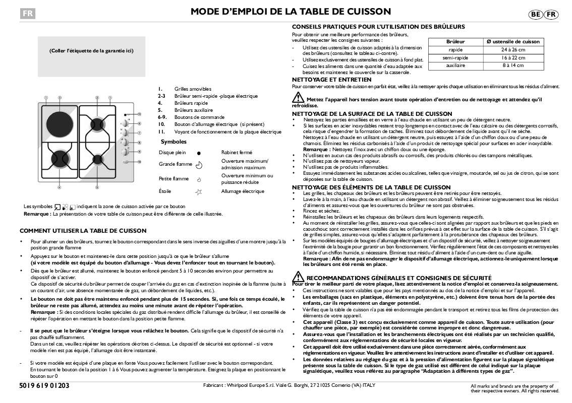 Guide utilisation WHIRLPOOL AKM 261/WH  - MODE D'EMPLOI de la marque WHIRLPOOL