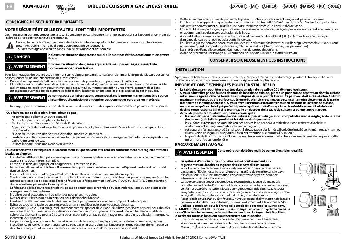 Guide utilisation WHIRLPOOL AKM 403/NB/01  - MODE D'EMPLOI de la marque WHIRLPOOL