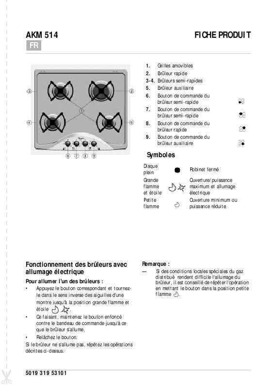 Guide utilisation WHIRLPOOL AKM 514/IX  - TABLEAU DE PROGRAMMES de la marque WHIRLPOOL