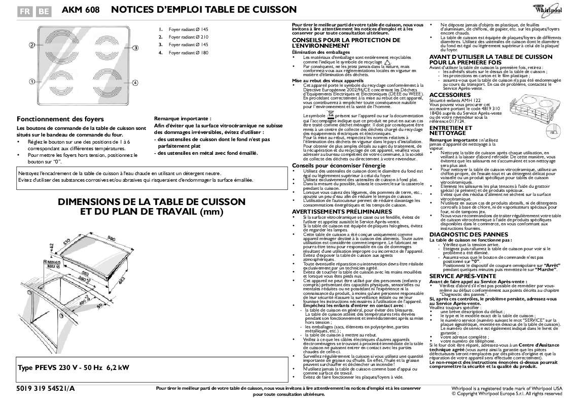 Guide utilisation WHIRLPOOL AKM 608/01 AL  - MODE D'EMPLOI de la marque WHIRLPOOL