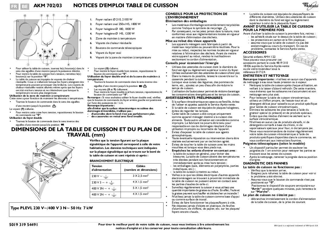 Guide utilisation WHIRLPOOL AKM 702/NB/03  - MODE D'EMPLOI de la marque WHIRLPOOL