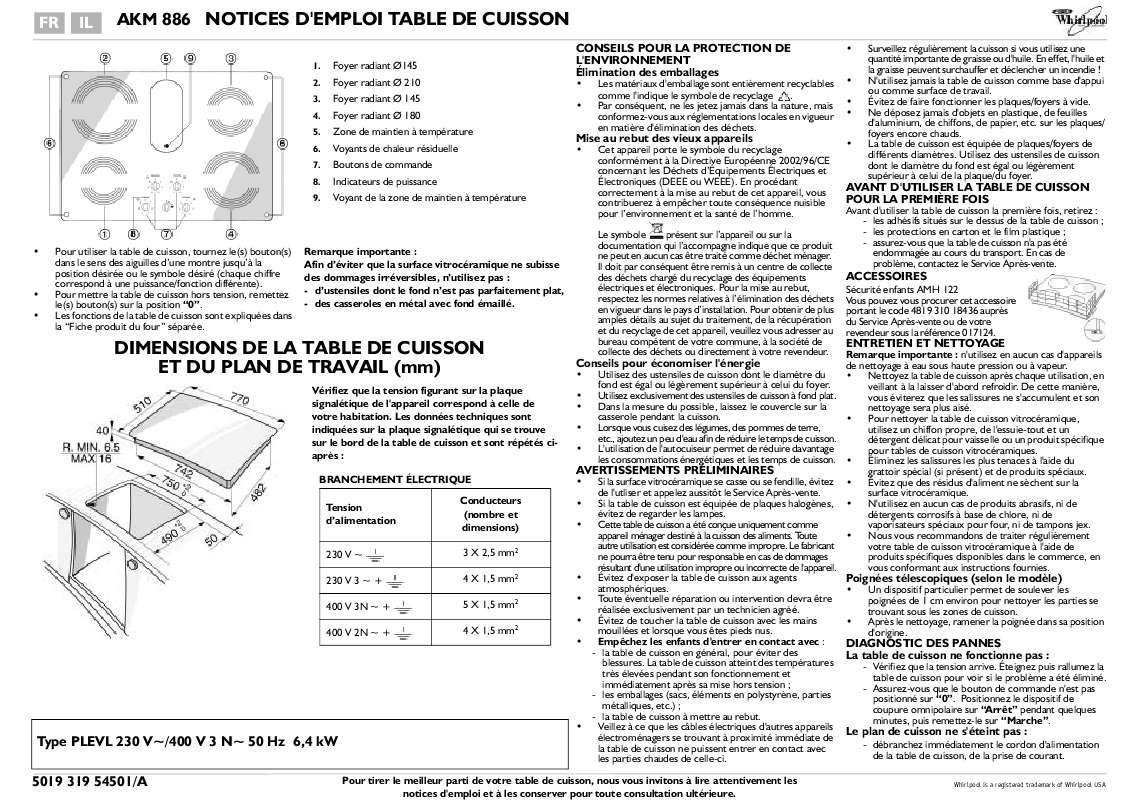 Guide utilisation WHIRLPOOL AKM 886/IX  - TABLEAU DE PROGRAMMES de la marque WHIRLPOOL