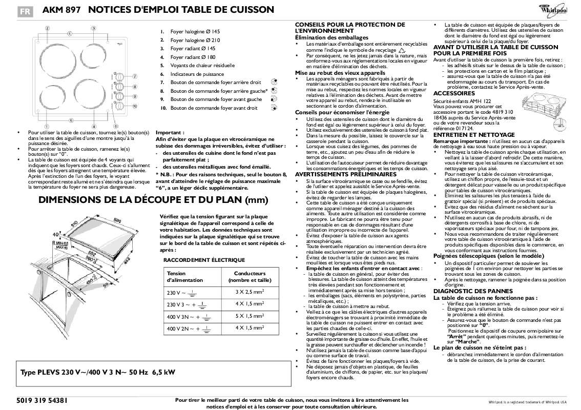 Guide utilisation WHIRLPOOL AKM 897/NB  - TABLEAU DE PROGRAMMES de la marque WHIRLPOOL