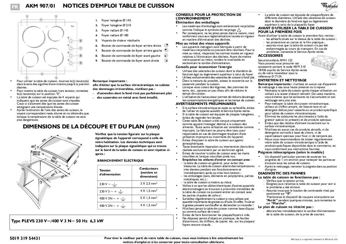 Guide utilisation WHIRLPOOL AKM 907/NE/01  - TABLEAU DE PROGRAMMES de la marque WHIRLPOOL