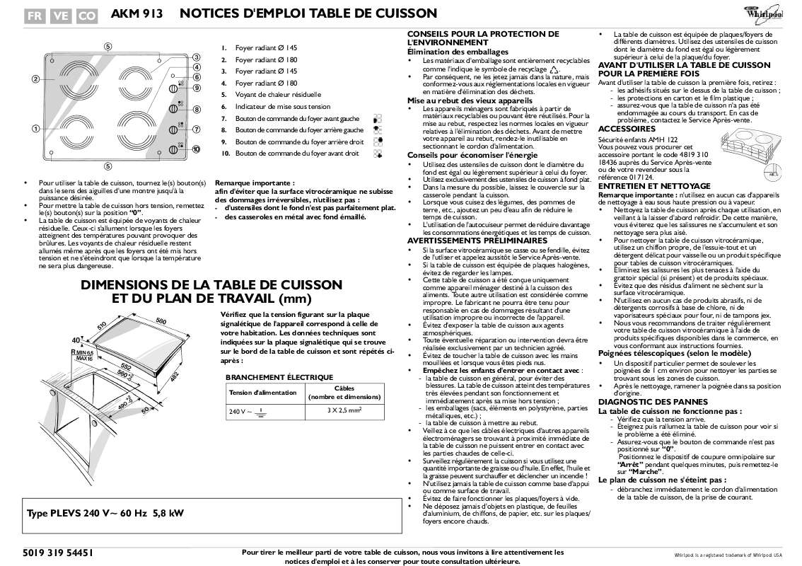 Guide utilisation WHIRLPOOL AKM 913/NB  - TABLEAU DE PROGRAMMES de la marque WHIRLPOOL