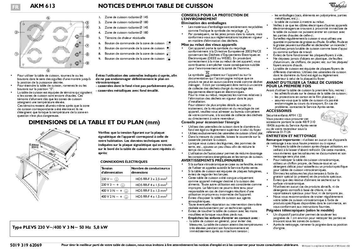 Guide utilisation WHIRLPOOL AKM613/IX/01 de la marque WHIRLPOOL