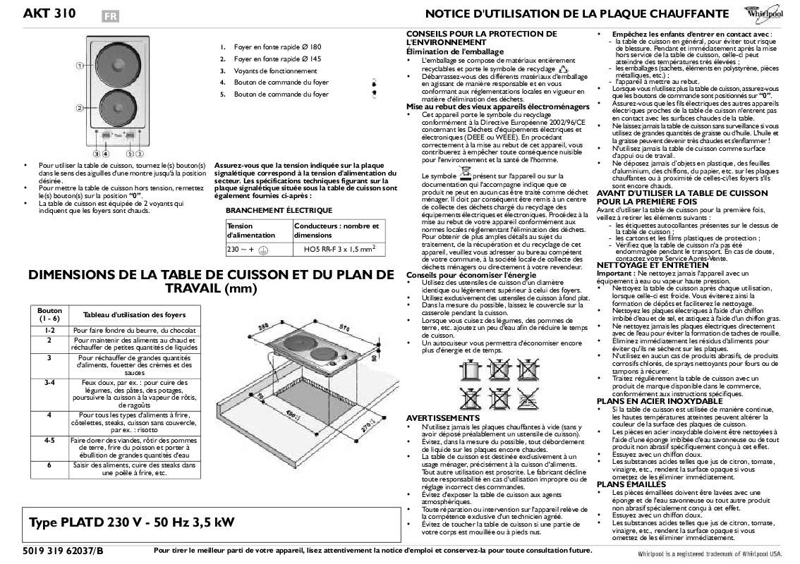 Guide utilisation WHIRLPOOL AKT 310/WH  - MODE D'EMPLOI de la marque WHIRLPOOL