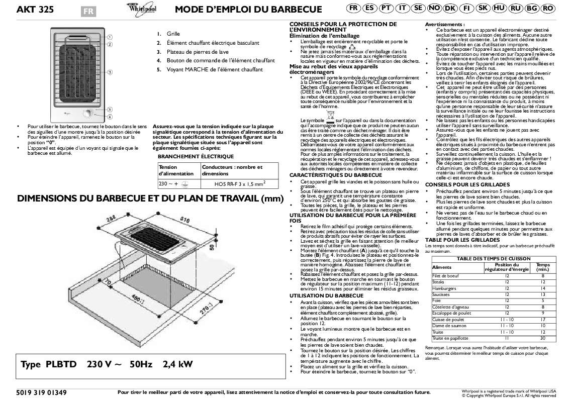 Guide utilisation WHIRLPOOL AKT 325/IX  - MODE D'EMPLOI de la marque WHIRLPOOL