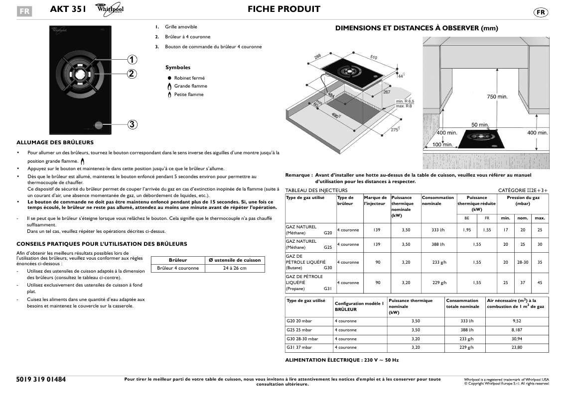 Guide utilisation WHIRLPOOL AKT 351/IX  - MODE D'EMPLOI de la marque WHIRLPOOL