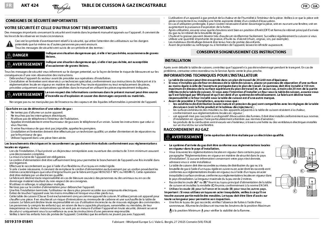 Guide utilisation WHIRLPOOL AKT 424/MR  - MODE D'EMPLOI de la marque WHIRLPOOL