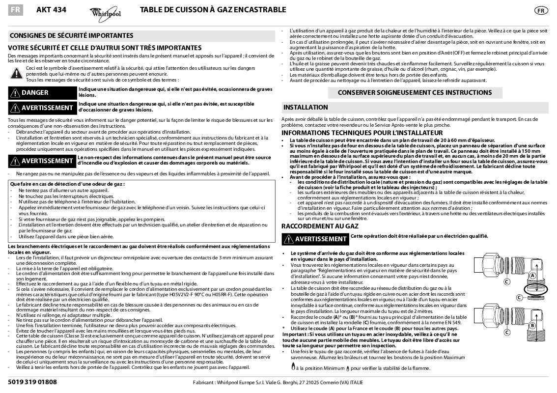 Guide utilisation WHIRLPOOL AKT 434/NB  - TABLEAU DE PROGRAMMES de la marque WHIRLPOOL