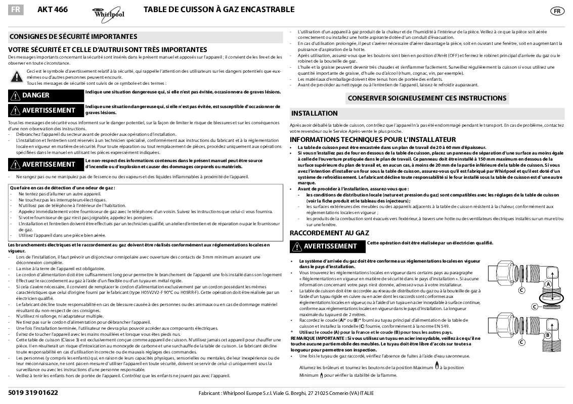 Guide utilisation WHIRLPOOL AKT 466/NB  - TABLEAU DE PROGRAMMES de la marque WHIRLPOOL