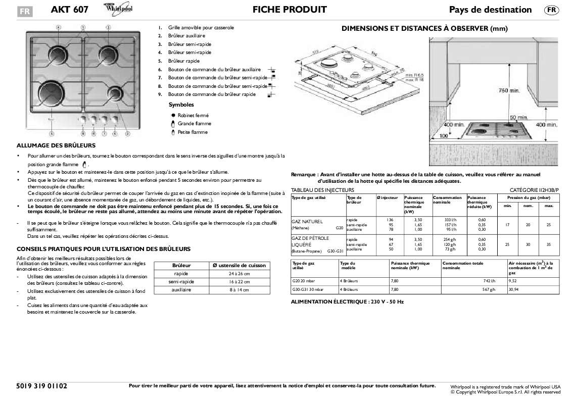 Guide utilisation WHIRLPOOL AKT 607/IX  - TABLEAU DE PROGRAMMES de la marque WHIRLPOOL