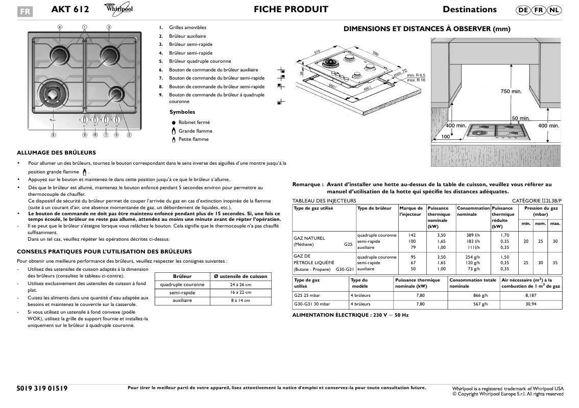 Guide utilisation WHIRLPOOL AKT 612/IX  - MODE D'EMPLOI de la marque WHIRLPOOL