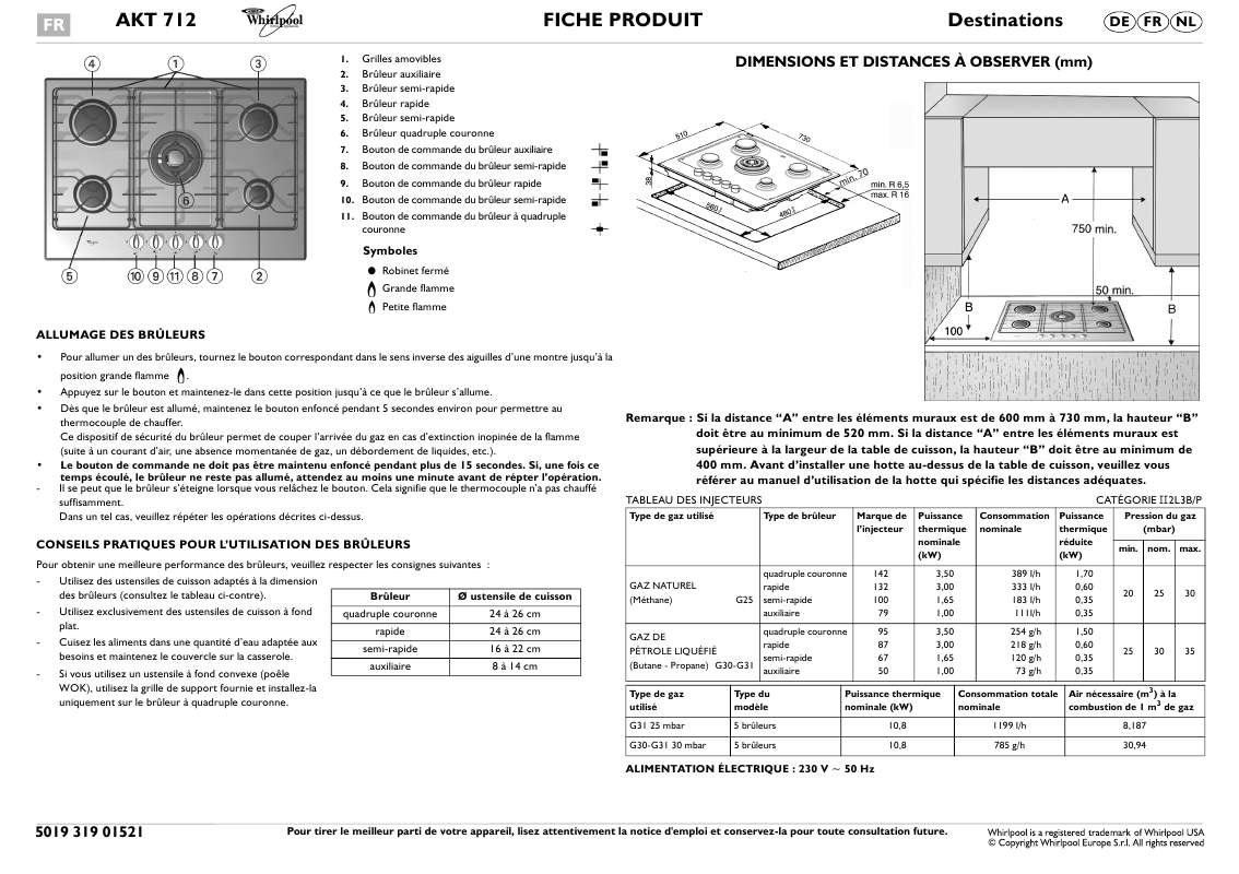 Guide utilisation WHIRLPOOL AKT 712/IX  - MODE D'EMPLOI de la marque WHIRLPOOL