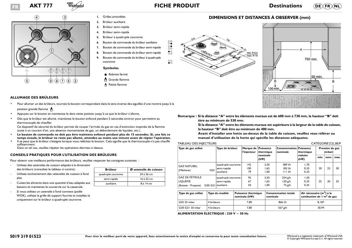 Guide utilisation WHIRLPOOL AKT 777/IX  - MODE D'EMPLOI de la marque WHIRLPOOL