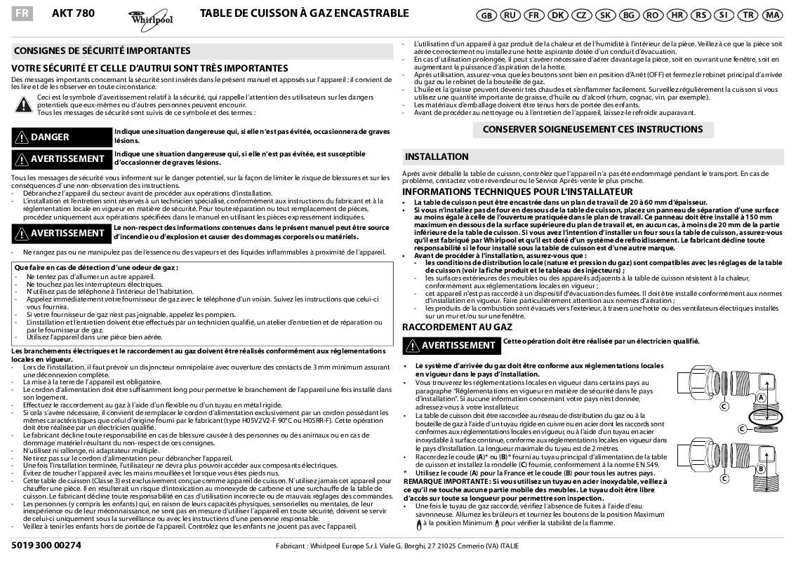 Guide utilisation WHIRLPOOL AKT 780/IXL/03  - TABLEAU DE PROGRAMMES de la marque WHIRLPOOL