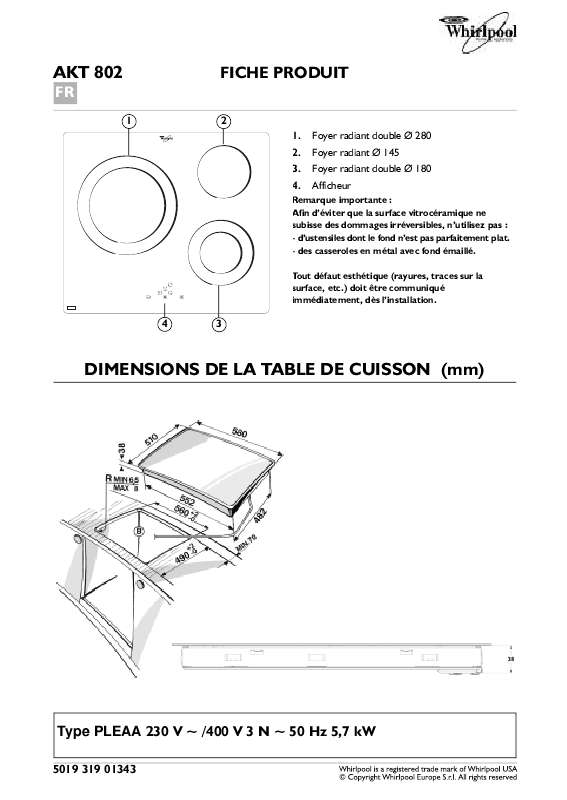 Guide utilisation WHIRLPOOL AKT 802/IX  - TABLEAU DE PROGRAMMES de la marque WHIRLPOOL