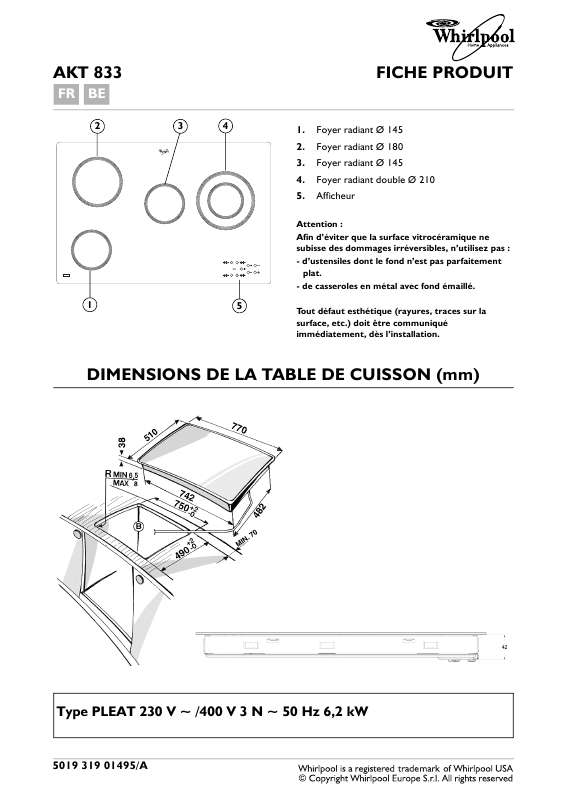 Guide utilisation WHIRLPOOL AKT 833/LX  - TABLEAU DE PROGRAMMES de la marque WHIRLPOOL