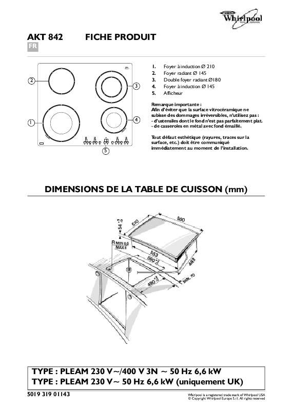 Guide utilisation WHIRLPOOL AKT 842/BA  - TABLEAU DE PROGRAMMES de la marque WHIRLPOOL