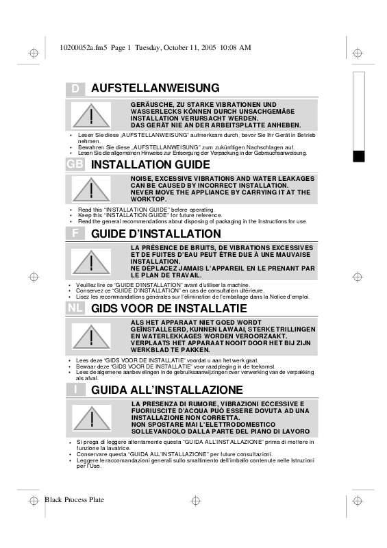 Guide utilisation WHIRLPOOL AWM 8143  - GUIDE D'INSTALLATION de la marque WHIRLPOOL