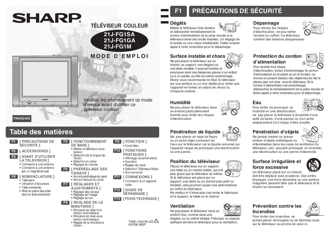 Guide utilisation SHARP 21J-FG1SA/FG1GA/FG1M  de la marque SHARP