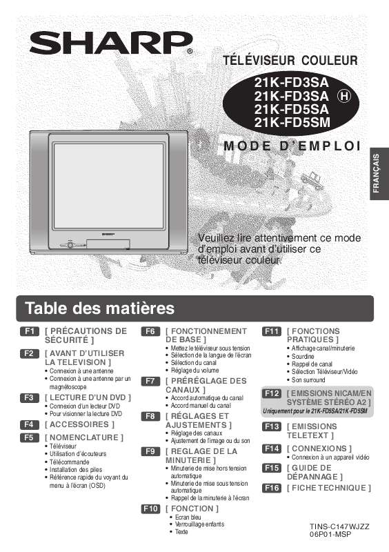 Guide utilisation SHARP 21K-FD3SA/FD3SAH/FD5SA/FD5SM  de la marque SHARP