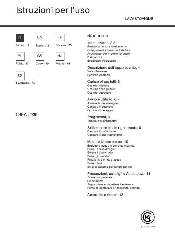 Guide utilisation HOTPOINT LSFA 935 EU/HA de la marque HOTPOINT